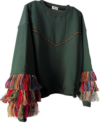 Balloon sleeve t-shirt with fringes